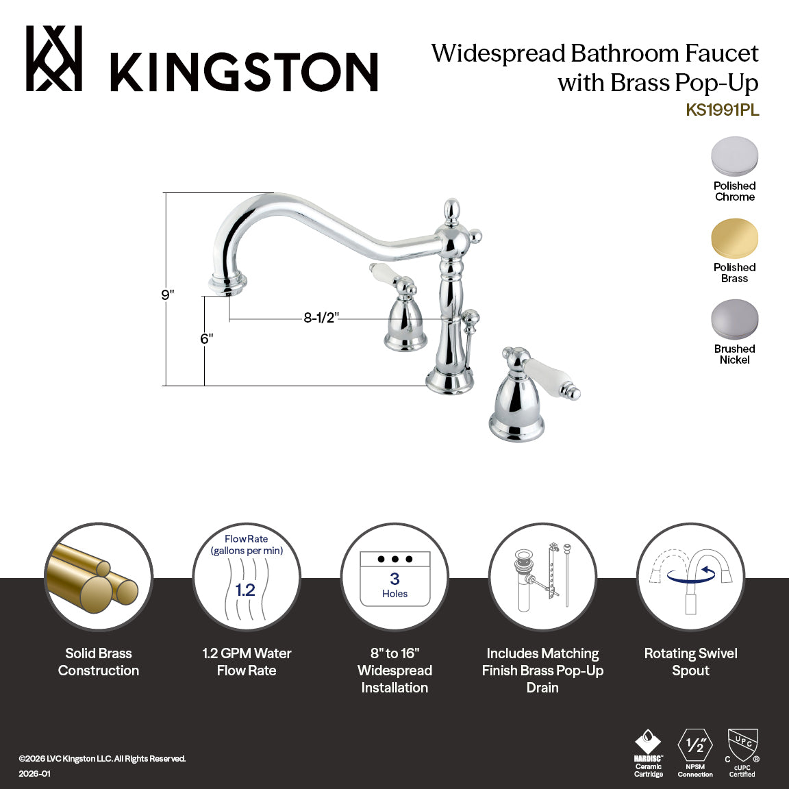 Kingston Heirloom KS1998PL - Heritage Two-Handle 3-Hole Deck Mount Widespread Bathroom Faucet with Brass Pop-Up, Brushed Nickel — thumbnail 2